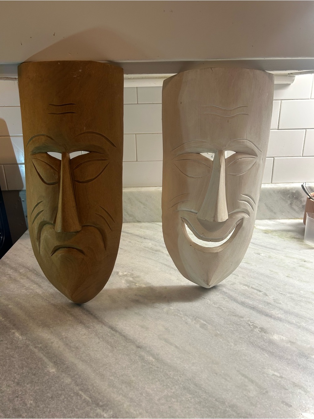 Wooden Carved Theater Masks Set - Natural and White